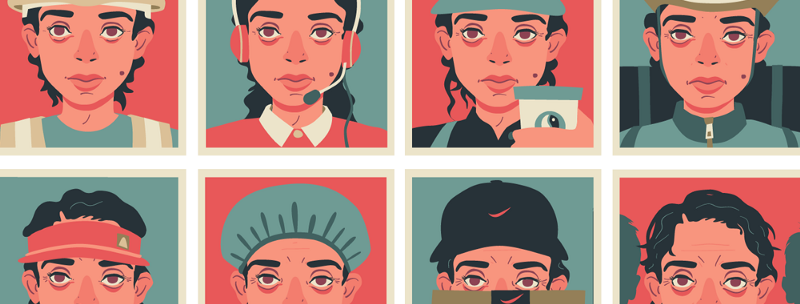 A grid of the same face in a range of different work uniforms.