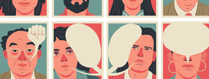 A grid of faces with speech bubbles.