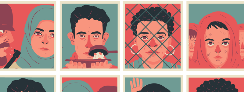 A grid of faces of people in different conflict situations, or behind fences.