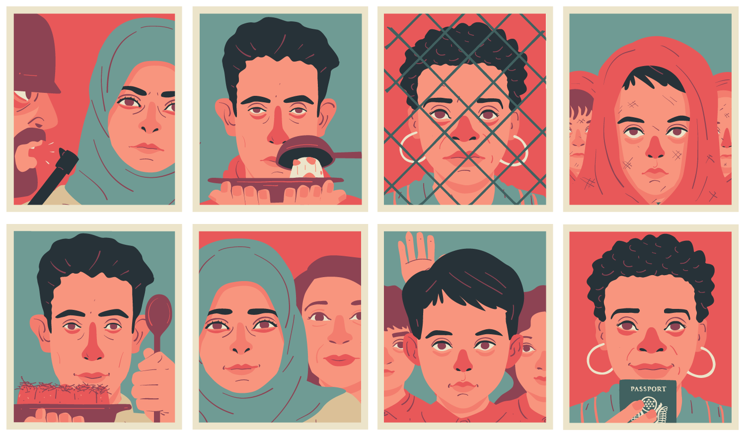 Grid of illustrations of various aspects of refugees' lives