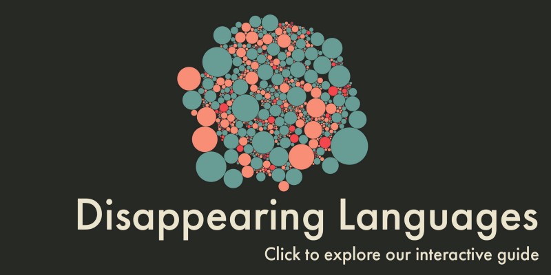 Cluster of blue, pink, and red circles with the text: "Disappearing Languages" and "Click to explore our interactive guide"