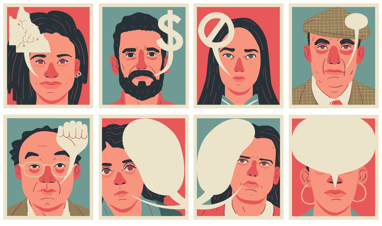 Grid of illustrated portraits of people with speech bubbles coming out of their mouths