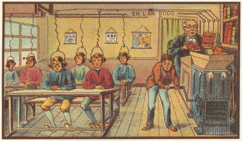 School scene in which children are educated through cables attached to their heads