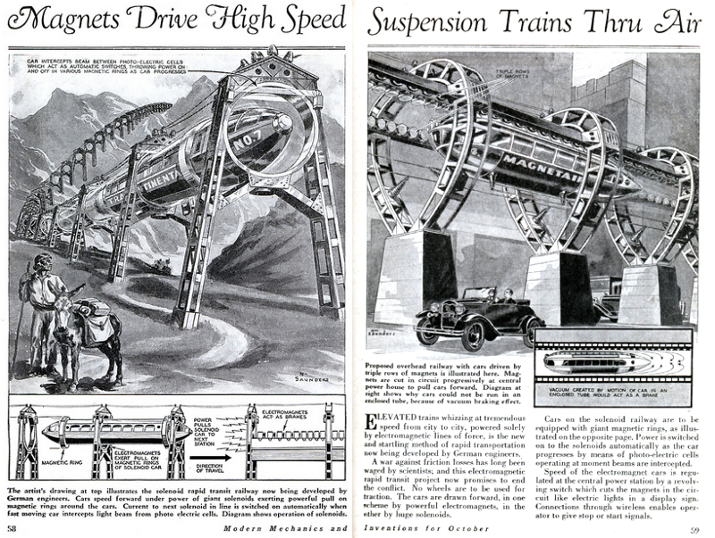 Illustration of a magnetized high-speed suspension train