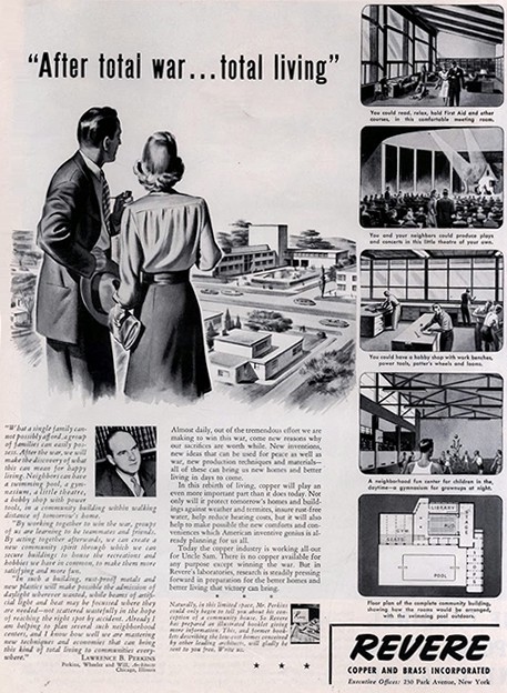 Full-page advertisement from Revere Copper and Brass showing future cities and industry