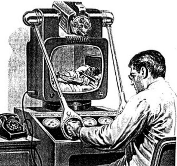 "Teledoctoring," depicting doctors looking at patients via visual devices