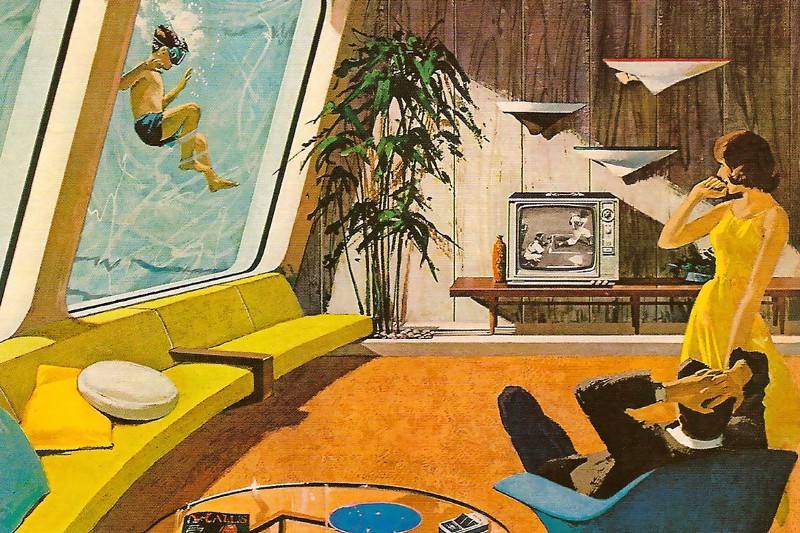 Futuristic home (circa 1961) where parents watch a child swim in a tank next to the living room