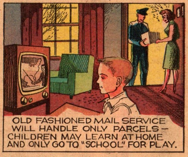 Cartoon depicting a child watching a lesson on television