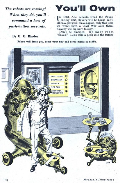 A man being waited on by a robot "slave," as it is described in the copy of the advertisement