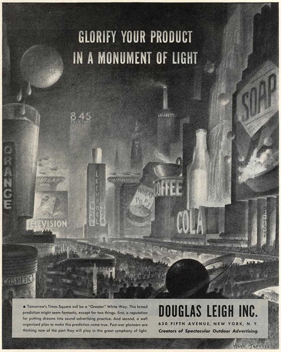 Full-page advertisement for Douglas Leigh Inc. showing Times Square circa 1945