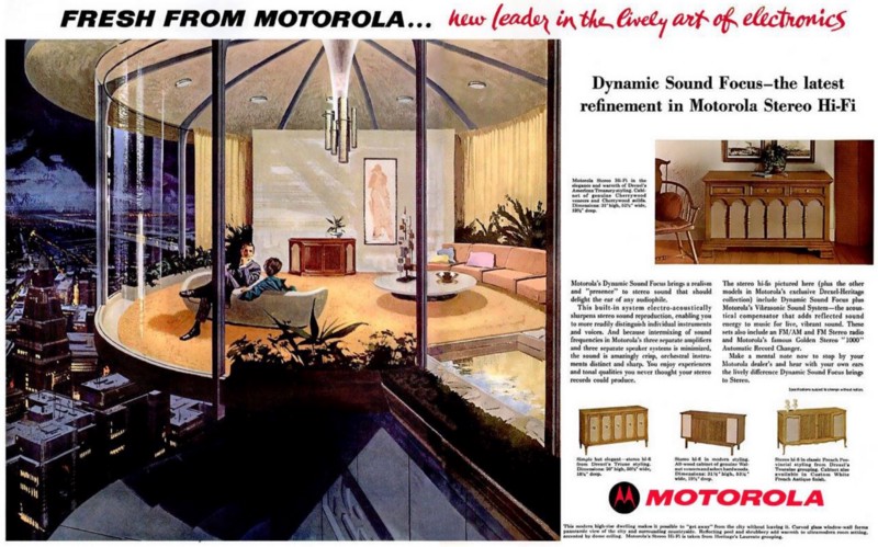 Motorola ad circa 1961 featuring a futuristic home with full wraparound glass walls