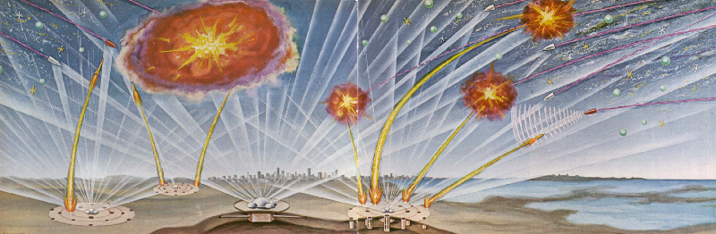 Brightly-colored spread depicting a wartime battle