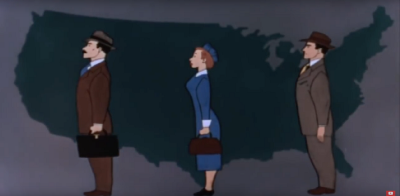 Three figures in front of a map of the U.S.