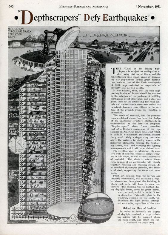 Cutout illustration of a skyscraper-sized building mostly built underground