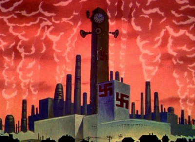 Nazi symbols on buildings in front of a flaming sky