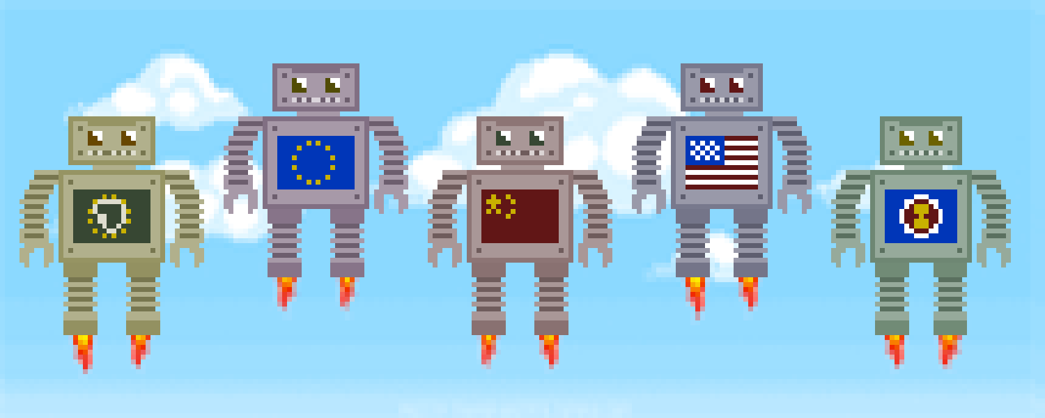 Robots emblazoned with various flags 