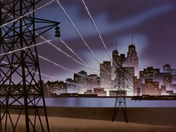 Power cables and a city skyline