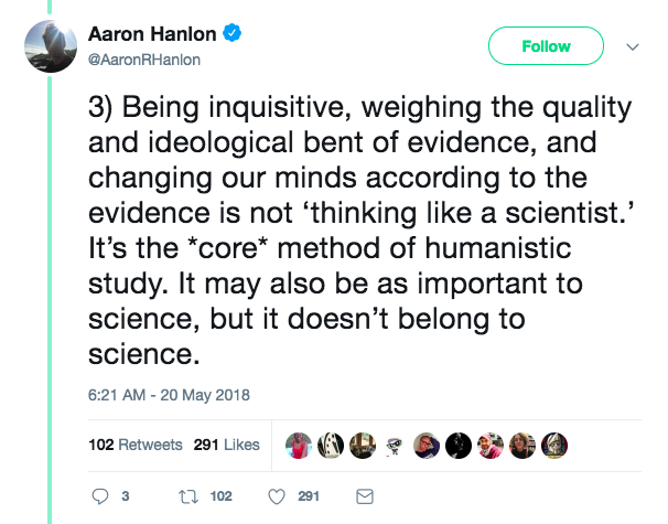 Screenshot of a tweet that reads: 3) Being inquisitive, weighing the quality and ideological bent of evidence, and changing our minds according to the evidence is not 
