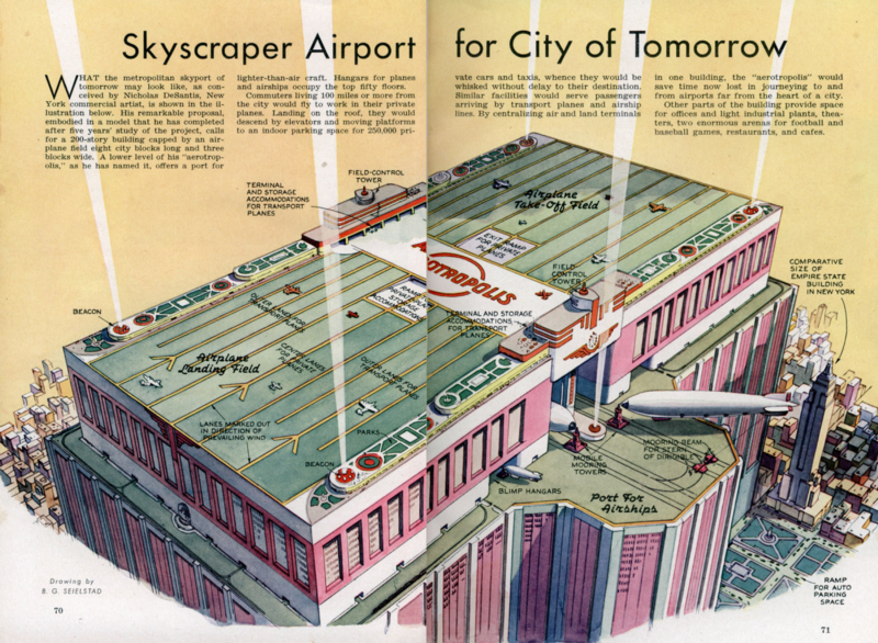 Speculative drawing of an airport on top of a skyscraper