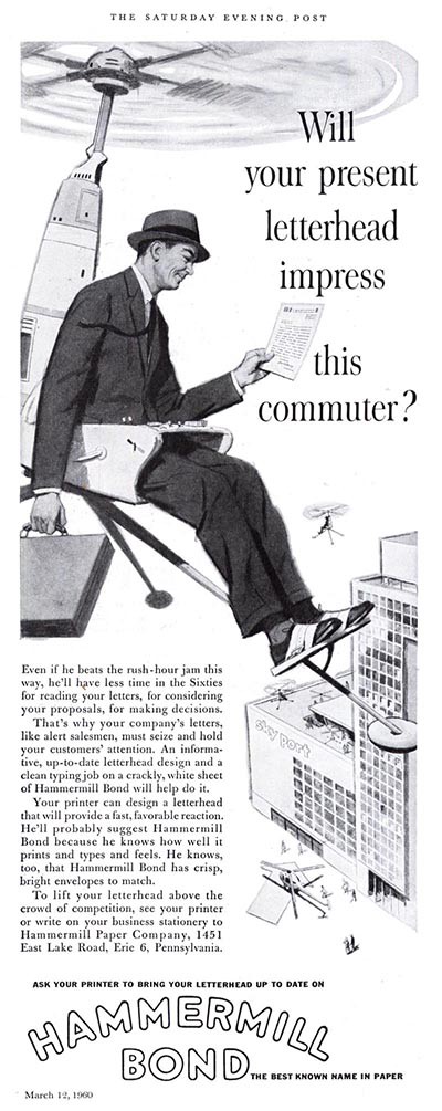 Businessman on a personal flying vehicle, reading a memo