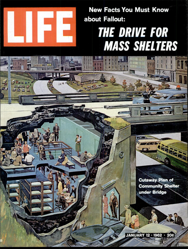Cutout illustration of an atomic bomb shelter beneath a city street