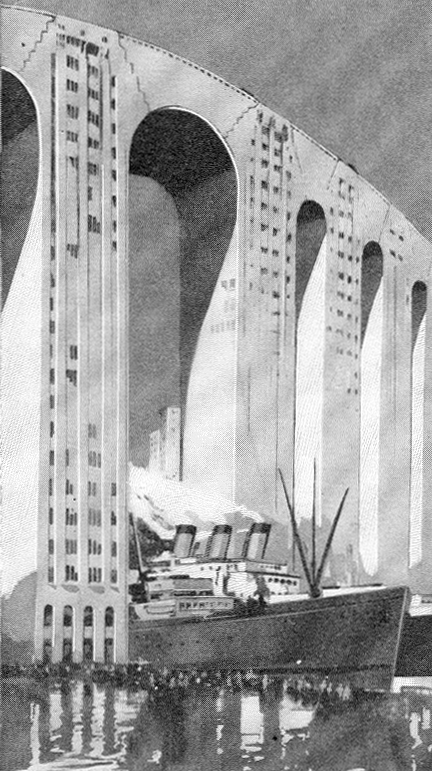 Skyscraper bridge with a ship passing underneath