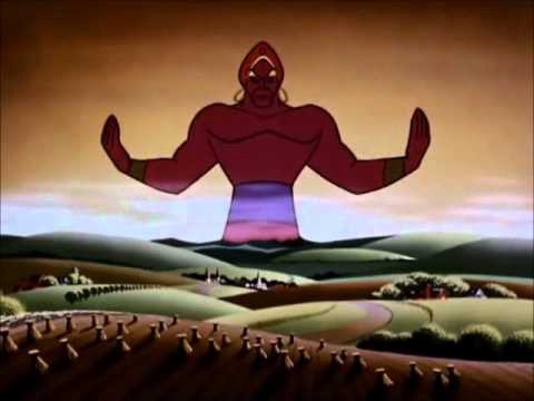 A genie looming over rolling fields