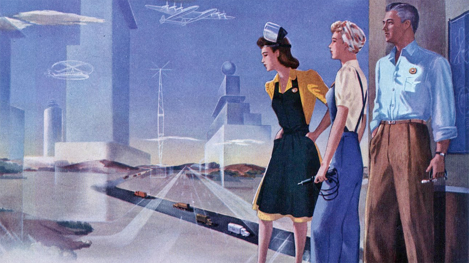 Three figures looking out over a futuristic highway