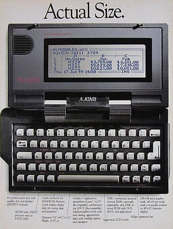 A magazine advert for the Atari portfolio, boasting that the device is shown at actual size.
