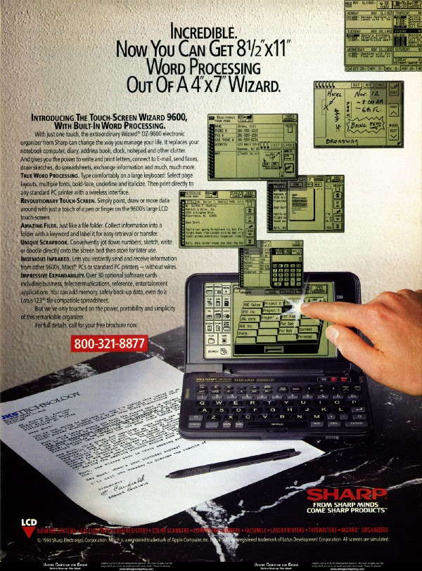 A magazine advert for Sharp's Wizard device. It reads: "Incredible. Now you can get 8.5x11 inches of word processing out of a 4x7 inch wizard."