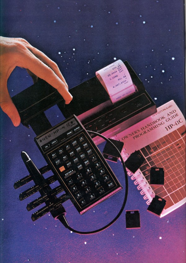 A full-page HP ad showing a plastic black calculator with a number of attached devices, including a printer.
