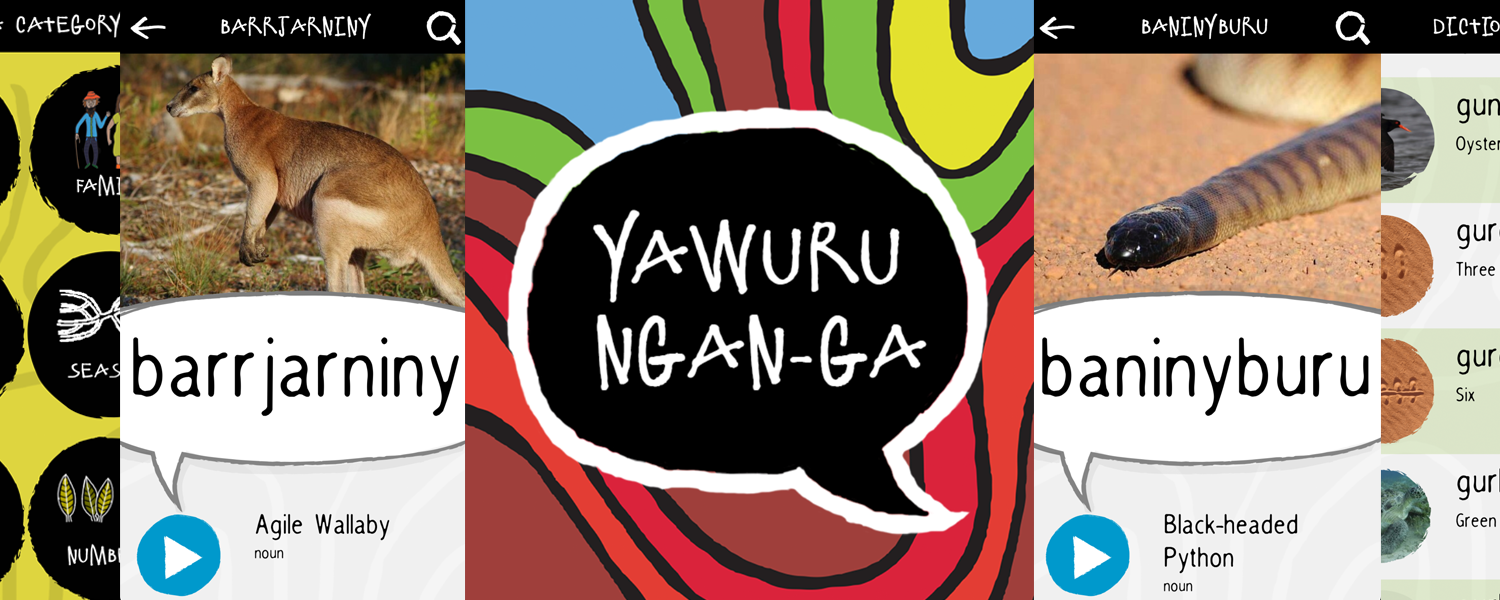 Screenshots of the Yawuru Ngan-ga app, showing how it teaches the language of the Yawuru of northwestern Australia.