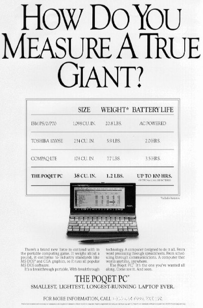 An advert for the Poqet PC. The tagline reads: "How do you measure a true giant?"