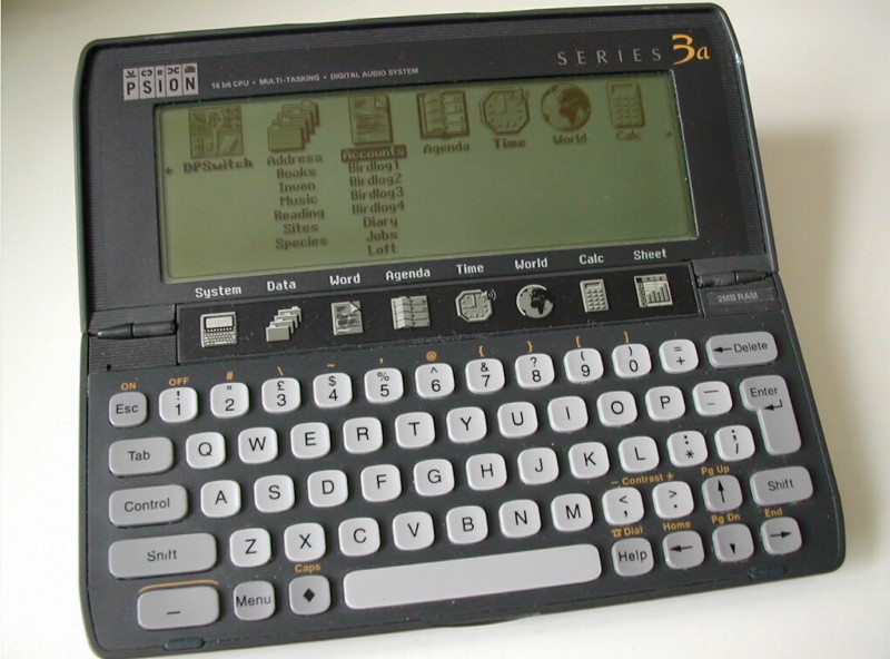 A Psion Series 2 pocket computer showing a range of apps.