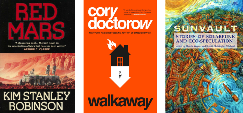 The book covers for Kim Stanley Robinson's "Red Mars," Cory Doctorow's "Walkaway," and the "Sunvault" anthology.