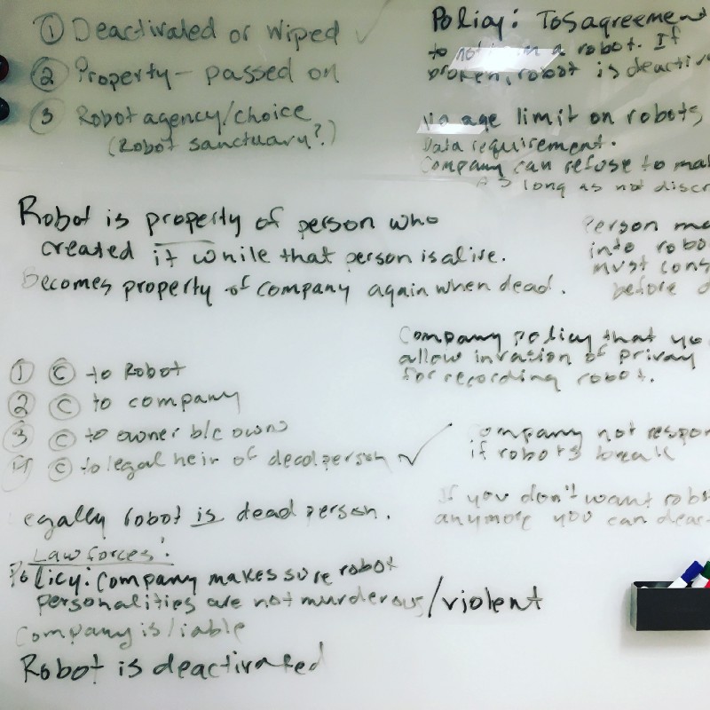 A whiteboard covered in text, which discusses issues of ownership when robots are superintelligent.