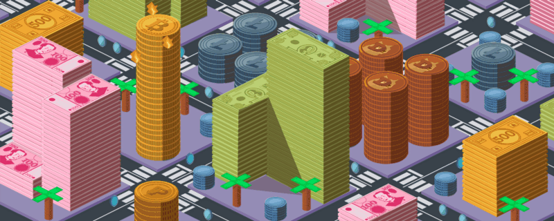 A city made of stacks of paper notes and coins.