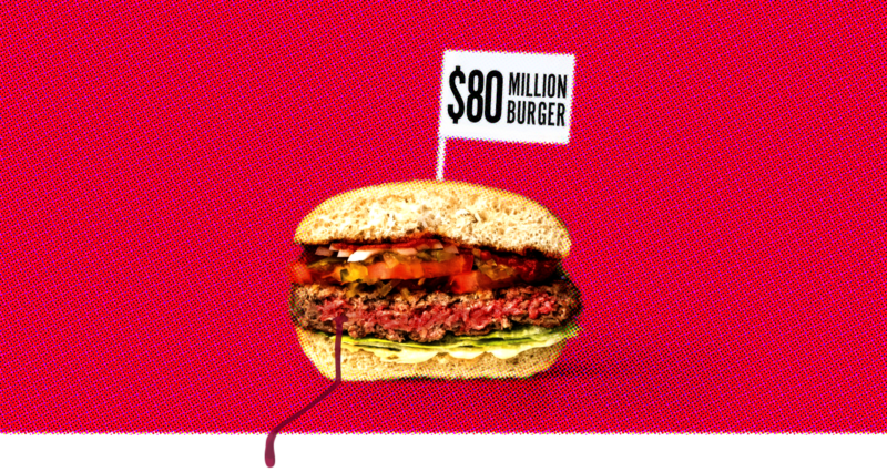 A burger with a flat in it that reads "$80 million burger."