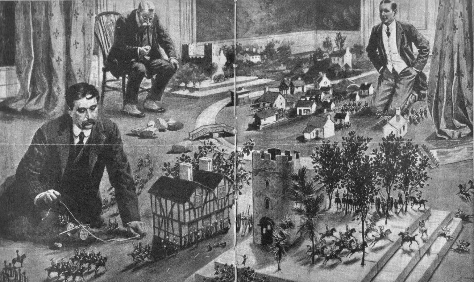 Newspaper illustration of H. G. Wells playing a war game