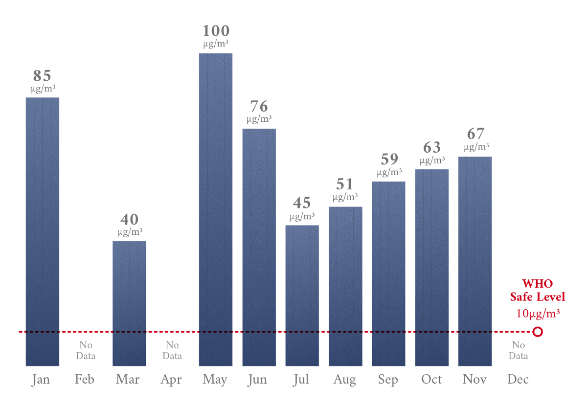 A bar chart showing that PM2.5 levels in Guatemala City month by month exceed WHO safe levels significantly throughout the year, ranging between 40 and 100 micrograms per cubic meter.