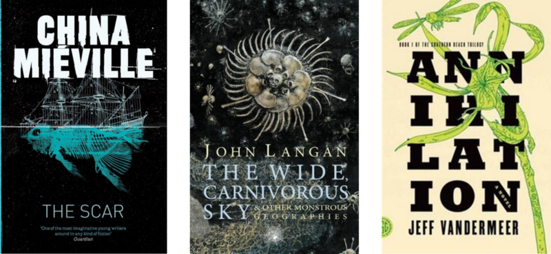 The book covers for China Mieville's "The Scar," John Langan's "The Wide Cavernous Sky,"and Jeff Vandermeer's "Annihilation."