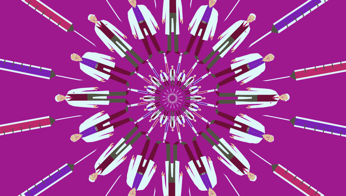 Animated gif of concentric circles of doctors and syringes