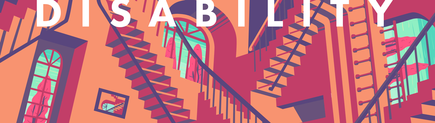 The banner for the Disability Beats section, with the word "Disability" overlaid on an Escher-style building with staircases going all over the place contrary to expected perspective.