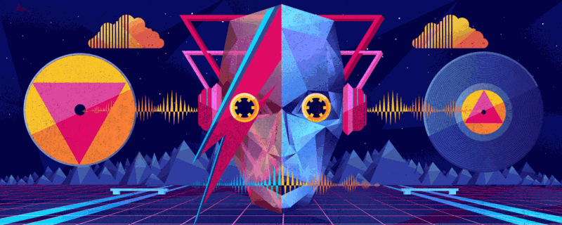 A futuristic floating head, alongside music devices and waveforms.