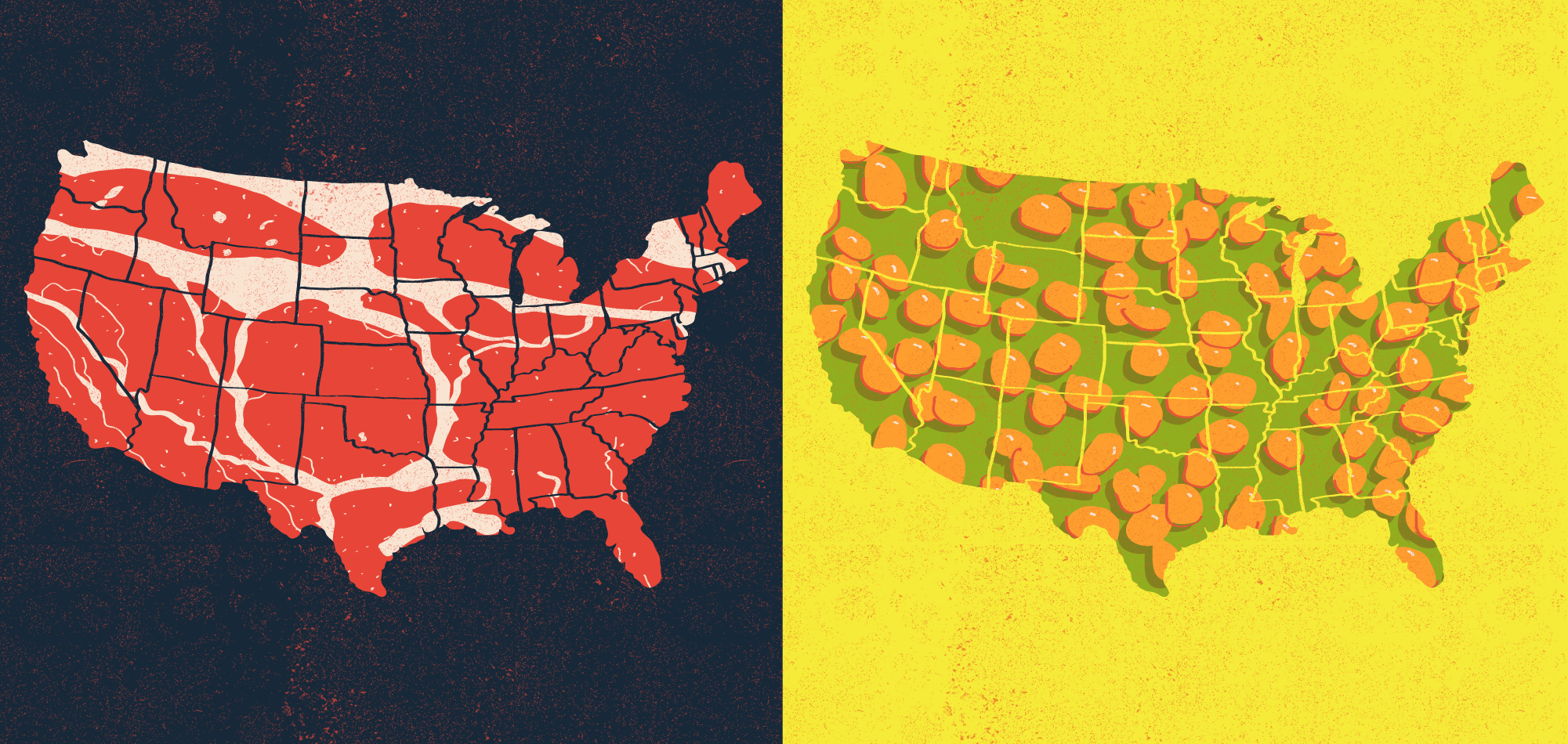 Two maps of the United States, one filled with beef and the other with beans