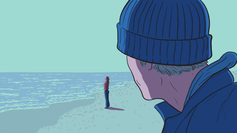 A person on a beach watches as a woman in the distance glitches in and out of existence.