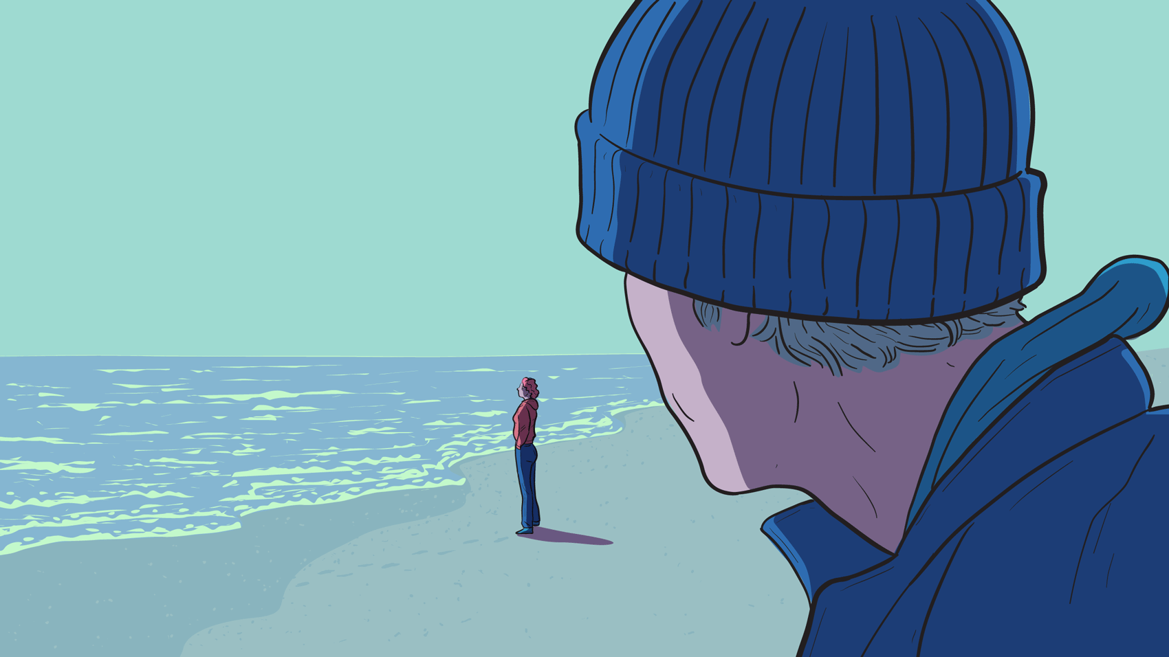 Person looking towards a flickering figure on a beach