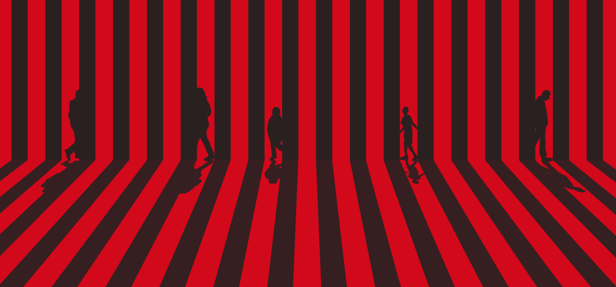 Figures walking behind black vertical bars