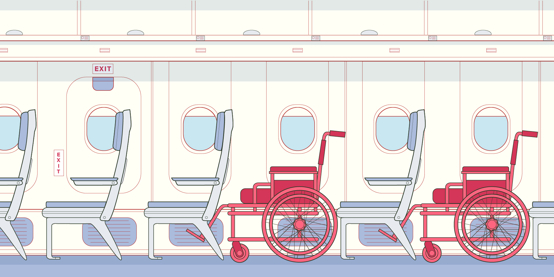 Rows of airplane seats, some of which are replaced by wheelchairs