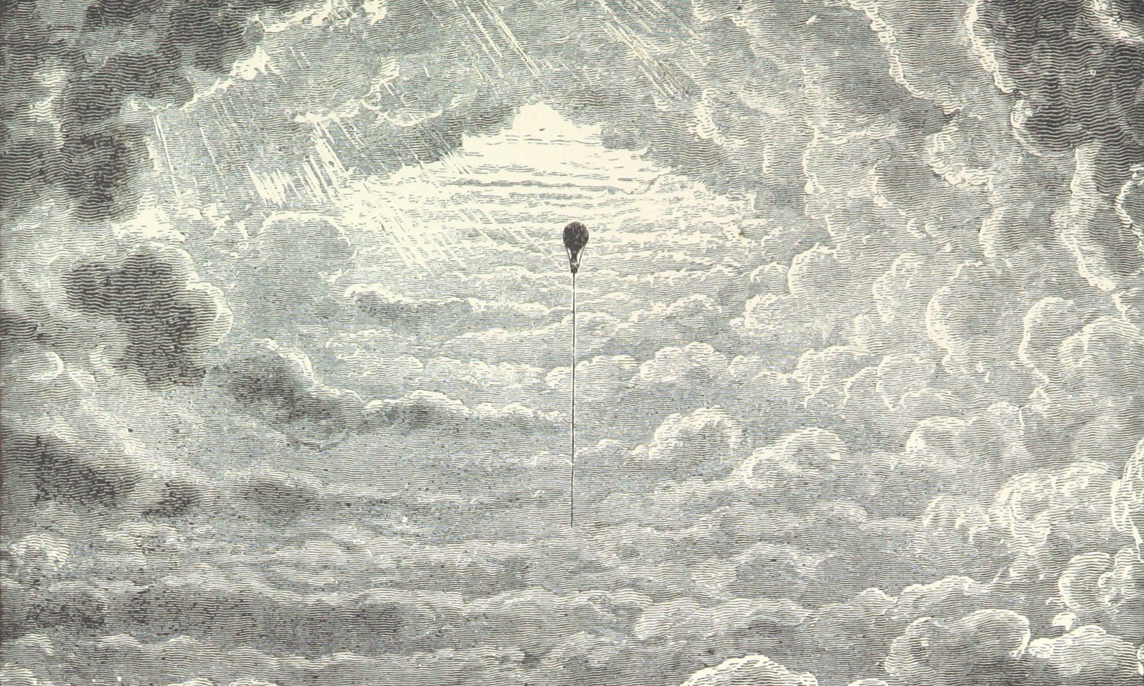 A wood carving of a weather balloon floating among clouds.